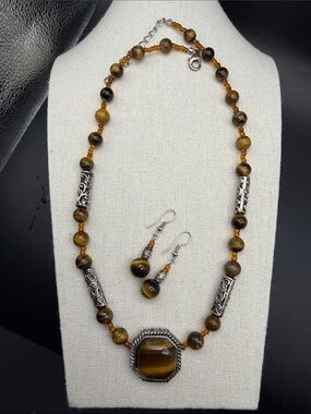 Tiger Eye & Orange Beaded Necklace with Silver Tone Accents and Earring Set